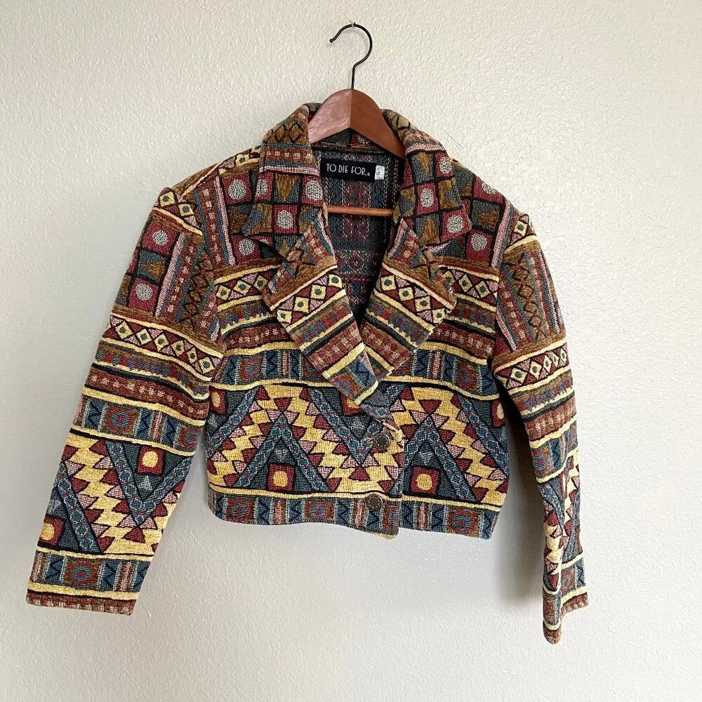 VTG 90s Cropped Boho Western Aztec Tapestry Jacket 100% Cotton To Die For Size S - Picture 4 of 9